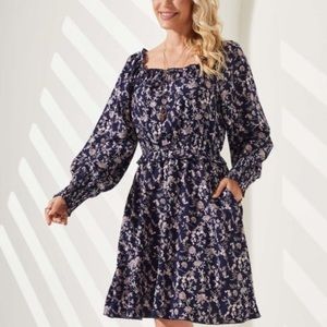 Navy & Cream Floral Square Neck Ruffle-Accent Fit & Flair Dress